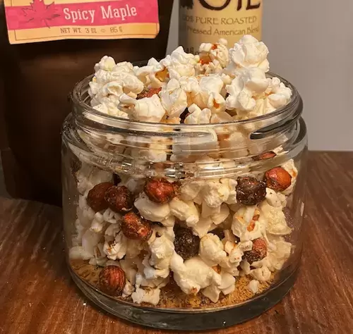 Popcorn with nutritional yeast, and spicy maple HazelSnackers