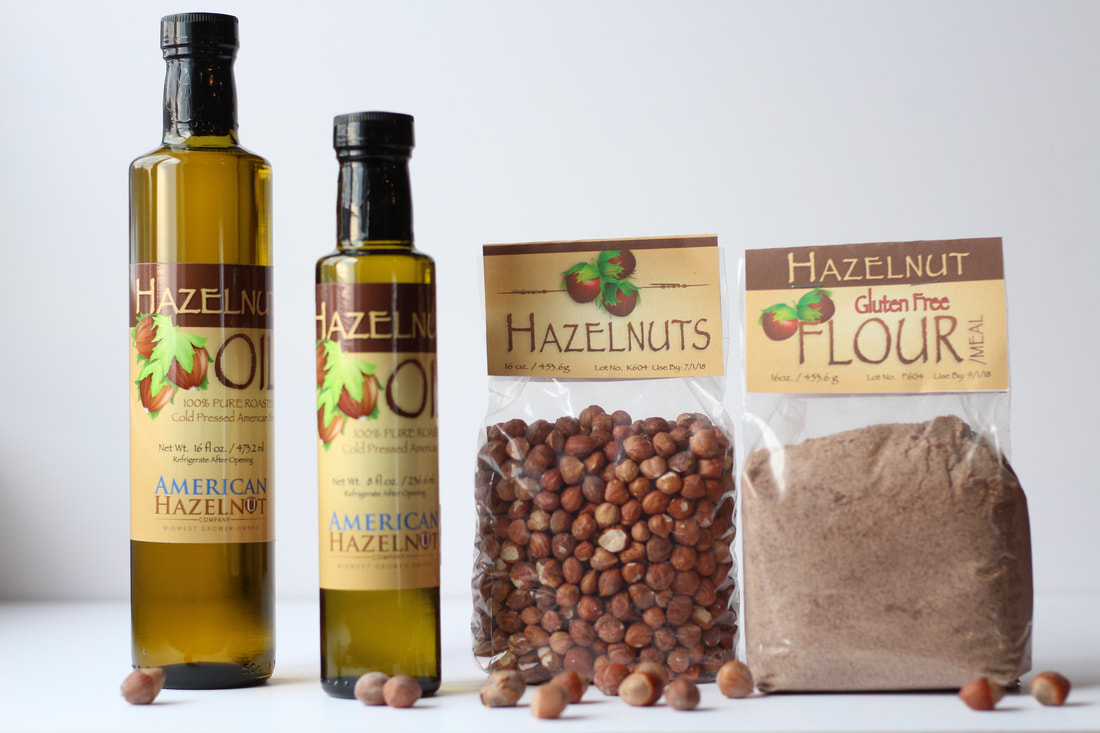 Hazelnut product line with hazelnut oil, hazelnut flour, and roasted hazelnuts